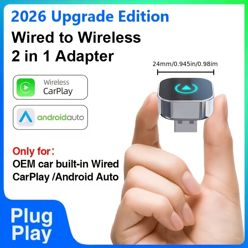 Adaptateur CarPlay sans fil, mini dongle version améliorée 2026 – 2-en-1 pour iPhone et Android Auto, conversion de filaire à sans fil, USB-A et USB-C, double bande à faible latence, connexion automatique, certifié FCC