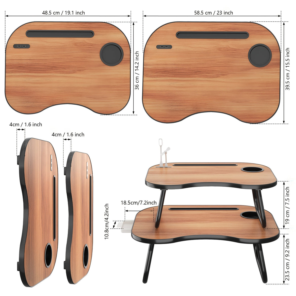 Support pour ordinateur portable avec port USB, tiroir de rangement et porte-gobelet – Plateau de lit en bois noyer pour manger, écrire, canapé, adultes et étudiants
