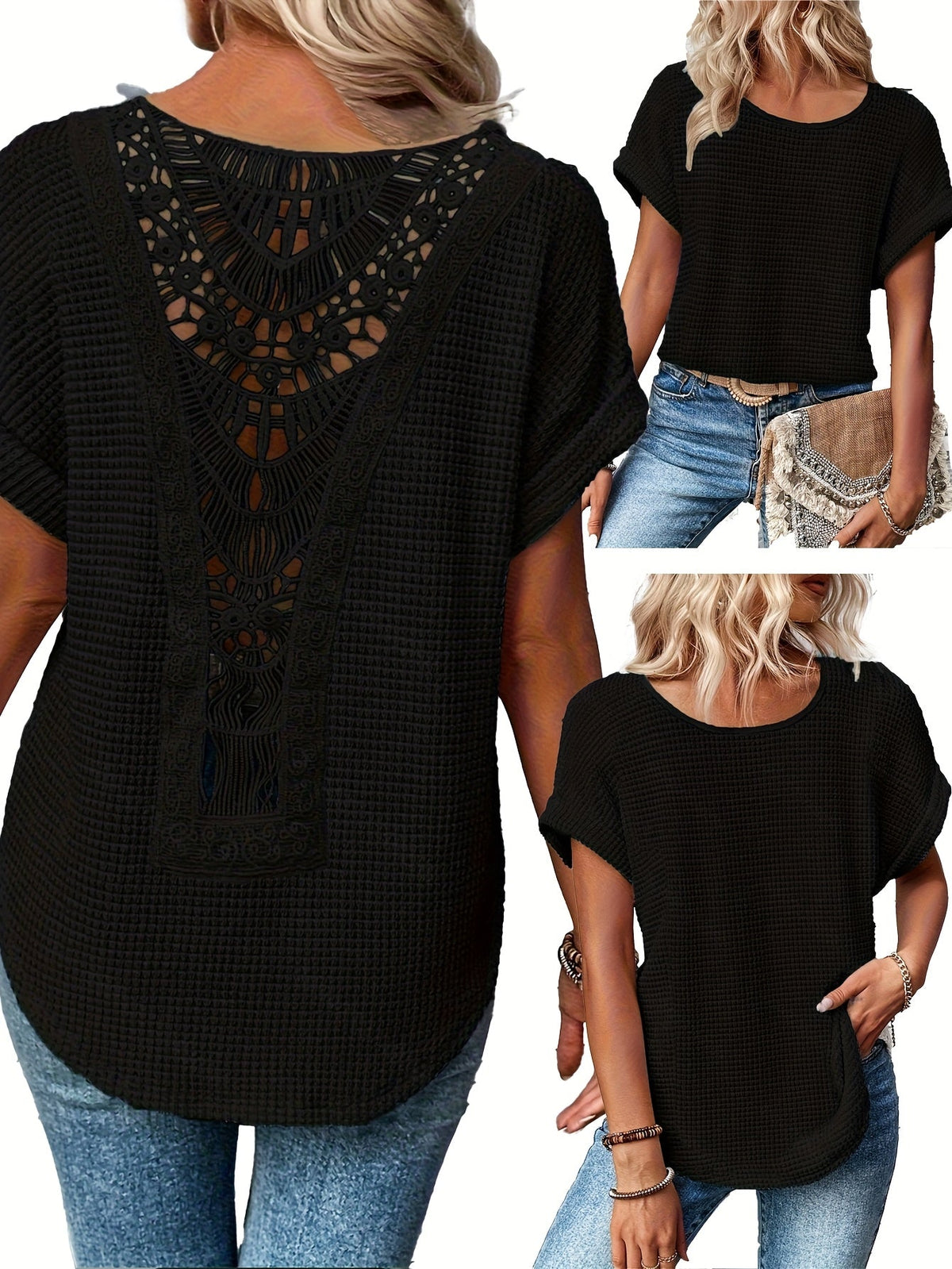 T-shirt femme été décontracté à col rond et manches courtes en patchwork de dentelle, haut fluide, bleu paon, kaki, noir, blanc, S M L XL XXL