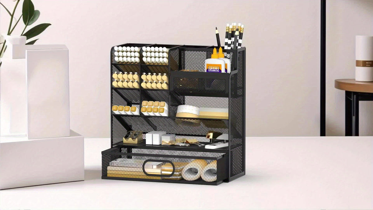 Organisateur de bureau en maille avec tiroir et porte-stylo – Rangement pour crayons pour bureau, école et atelier d'art, design en maille respirante, disponible en noir, jaune et bleu