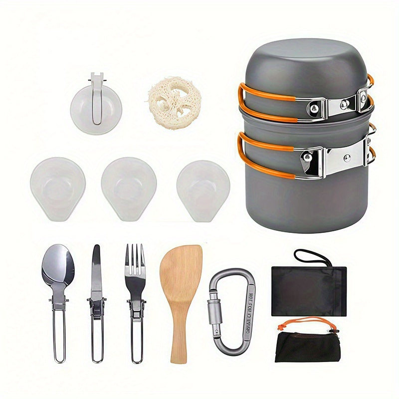 Ensemble de cuisine de camping en acier inoxydable 304 avec rangement pliable – Casserole compacte et durable avec couteaux et fourchettes pour randonnée, pique-niques et camping, vert et orange, kit de cuisine de camping léger