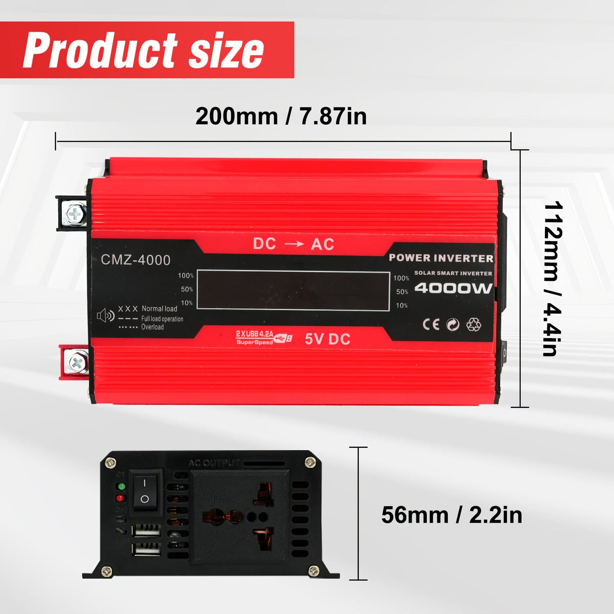 Onduleur de voiture 4000W CC 12V vers CA 110V avec écran LCD, ventilateur de refroidissement et protection contre les surcharges - Convertisseur portable de 800W nominal pour voyages en voiture, camping, activités en extérieur et kits d'urgence