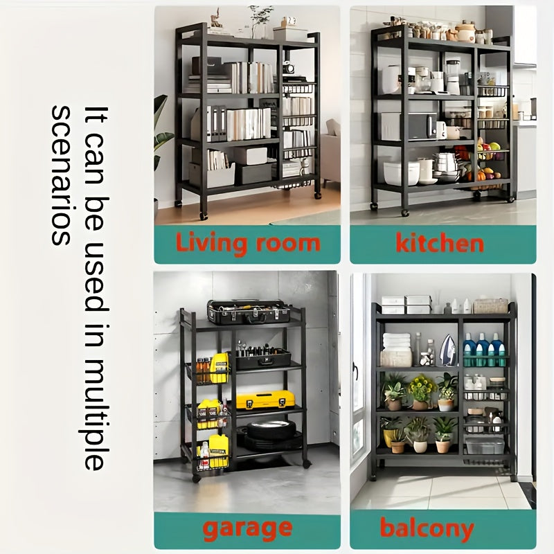 Étagère de rangement roulante à 4 niveaux avec paniers en fil métallique et roulettes – Rayonnage métallique réglable pour cuisine, garde-manger, garage, salle de bain et placard, organisateur sur pied mobile, cadeau de crémaillère