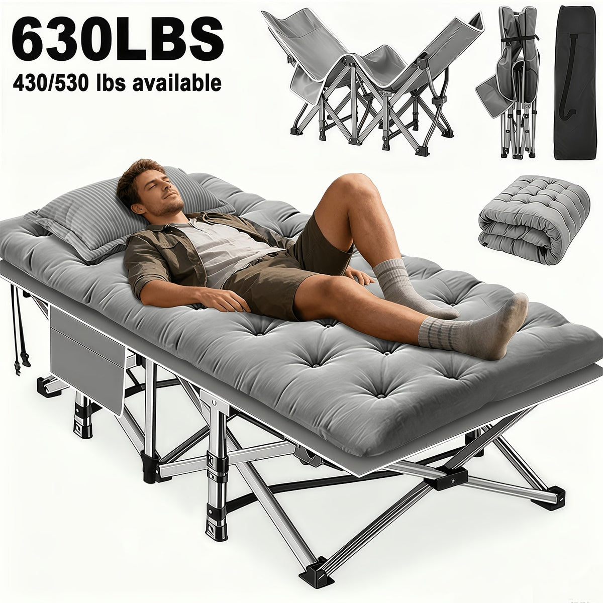 Lit pliant ultra-résistant supportant jusqu’à 285 kg avec matelas en option – Lit de camp portable avec pieds de support multiples, poches latérales et oreiller, lit d'appoint toutes saisons de 150 à 195 cm, peu encombrant