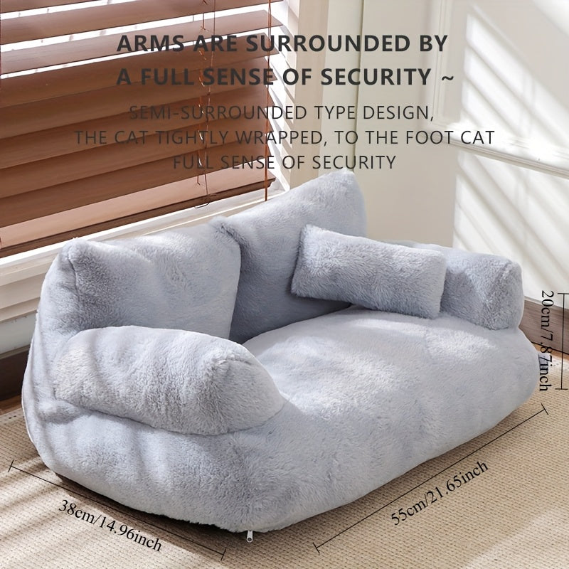 Petit canapé-lit pour animaux avec coussin pour chats et chiens - Nid douillet en peluche pour chaton et chiot, housse amovible lavable en machine, fond antidérapant, canapé-lit toutes saisons à double usage pour chat et chien 55x38x20 cm
