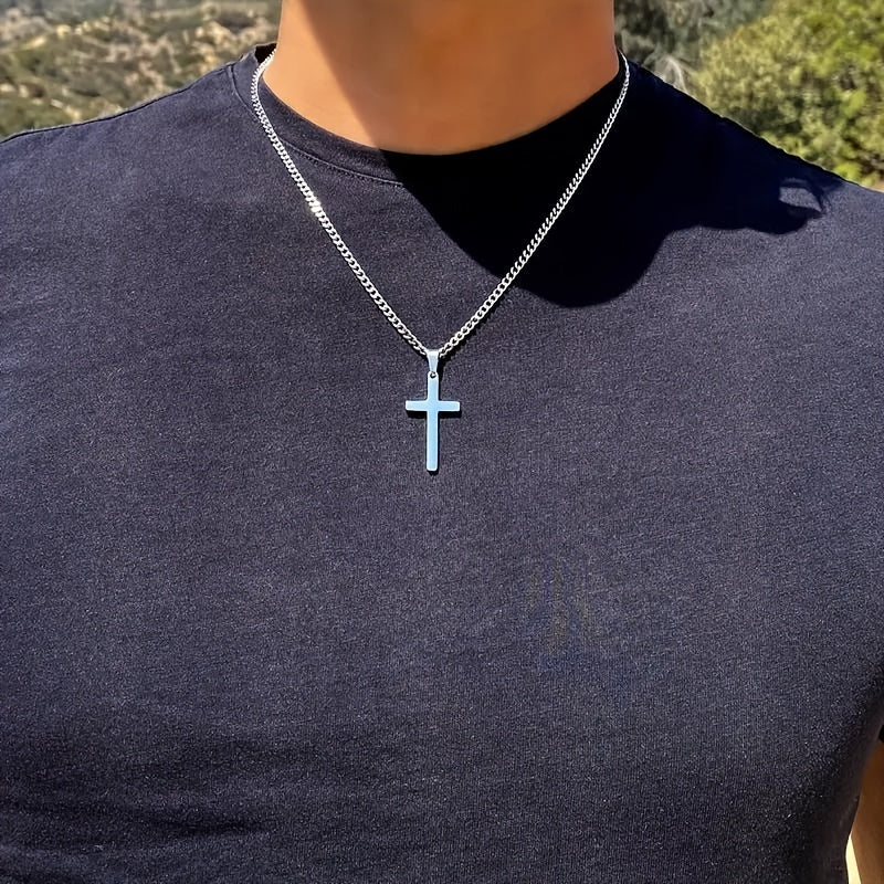 Collier avec pendentif croix pour homme, chaîne cubaine plaquée or 18 carats, acier inoxydable 304, bijou minimaliste et décontracté, cadeau pour lui, acier doré