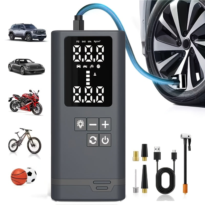 Compresseur d'air portable sans fil – Rechargeable par USB, affichage numérique, éclairage LED, adaptateurs multi-embouts, batterie au lithium, convient aux voitures, motos, vélos et ballons de sport