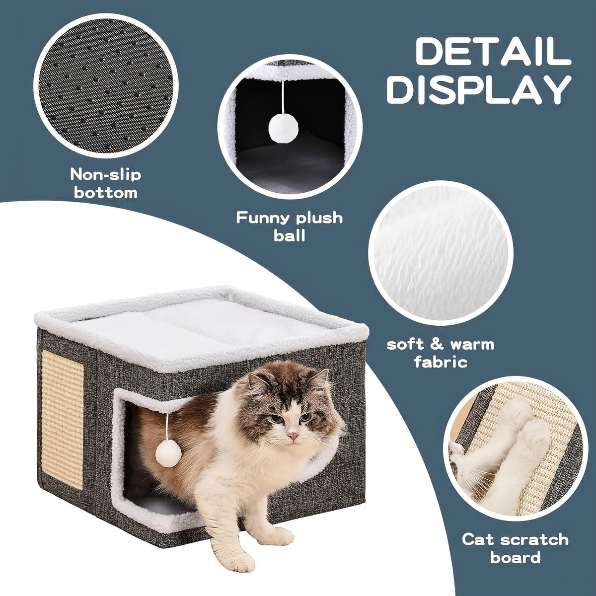 Maison à étages pour chat avec lit à 2 niveaux, tunnel de jeu, griffoir pliable et tapis douillet – Condo d'intérieur pour chat toutes saisons avec balle suspendue en peluche, cadre en nylon et toile, design pliable