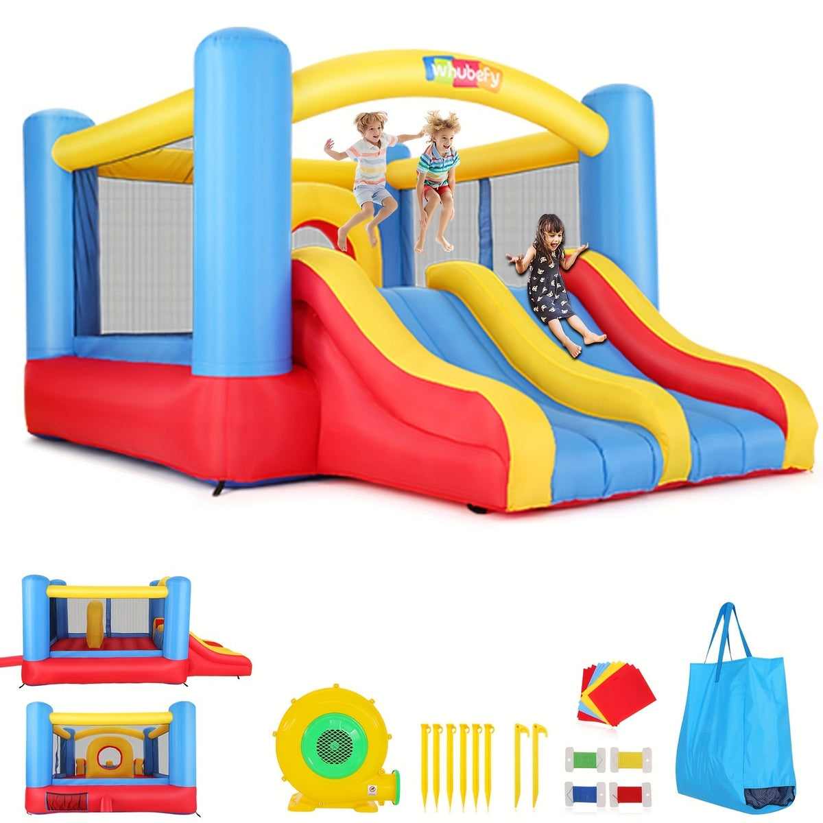 Château gonflable avec soufflerie pour enfants de 3 à 10 ans, grande structure de 3,6 x 2,7 m pour jardin avec double toboggan, parcours d'obstacles, vaste zone de saut, aire de jeu intérieure et extérieure pour fête d'anniversaire – Rouge, bleu, jaune