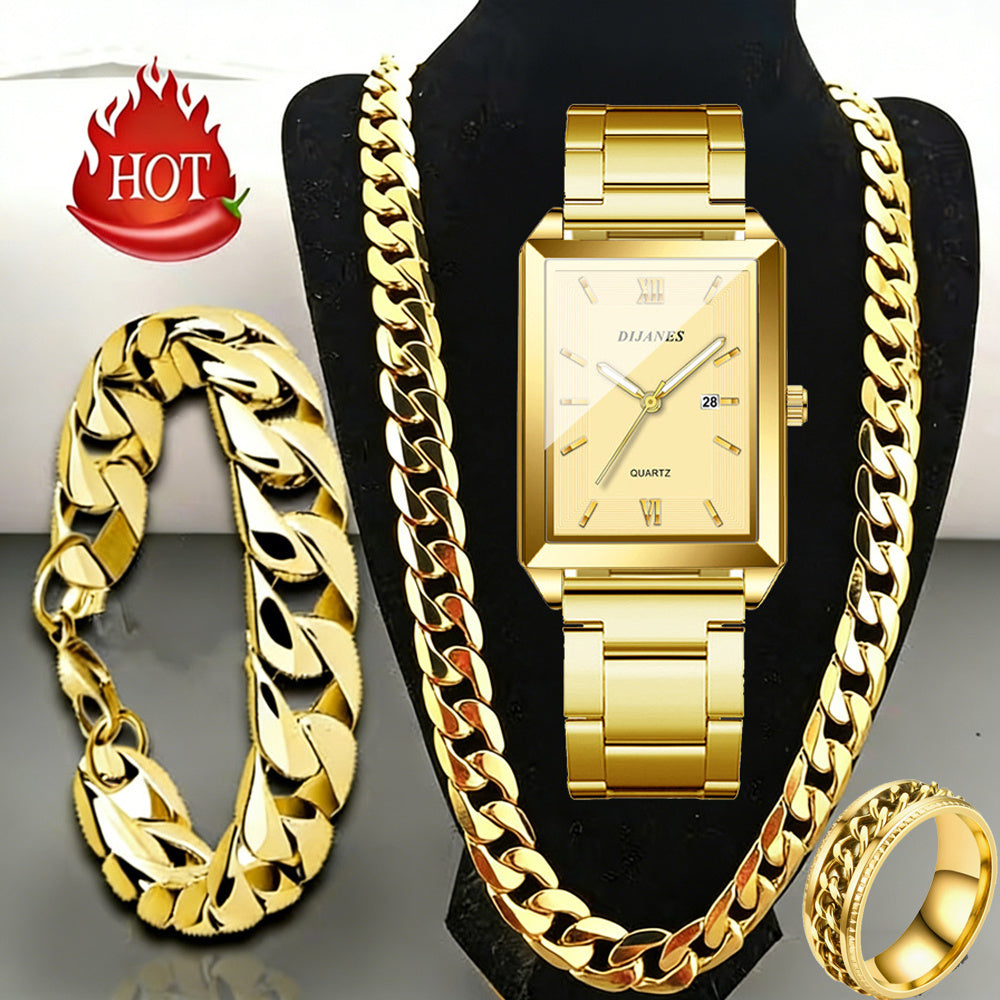 Ensemble de 4 pièces montre et bijoux pour homme – Montre à quartz avec collier, bracelet et bague, affichage de la date style business décontracté, coffret cadeau de luxe pour homme en noir, argent et or