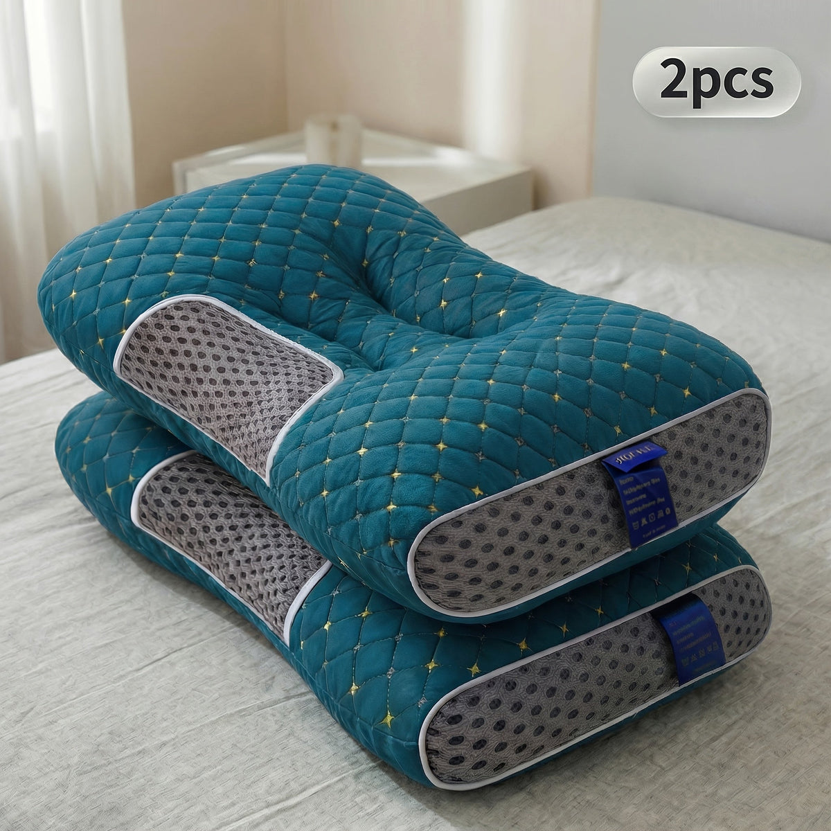 Lot de 2 oreillers cervicaux ergonomiques – Oreiller de soutien cervical en tissu respirant avec taie d'oreiller amovible à fermeture éclair, soulage la pression des épaules et du cou, disponible en 5 couleurs pour la maison et le bureau