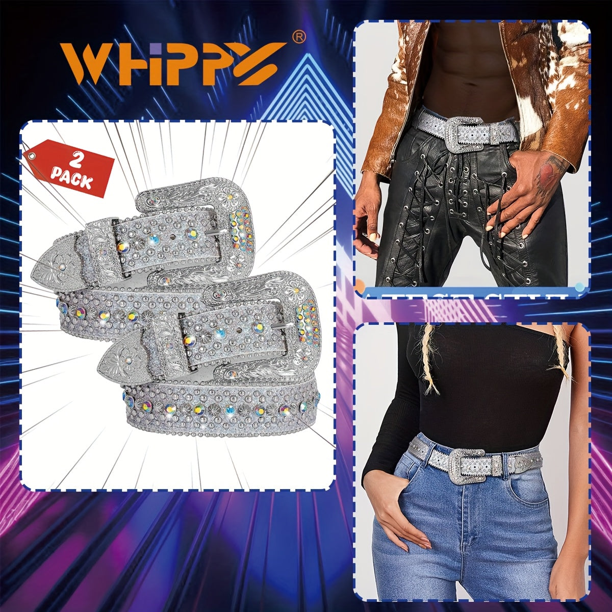 Ceinture strass unisexe style western – Ceinture ajustable scintillante en similicuir avec boucle en alliage pour hommes et femmes, tailles S-XL, cadeau pour fête, festival, Halloween, Noël