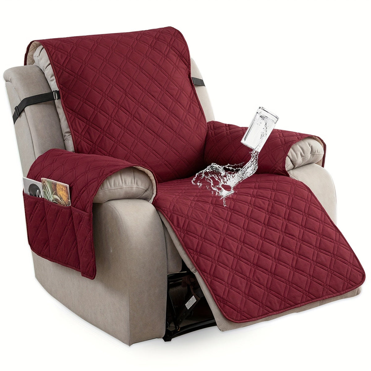 Housse de fauteuil inclinable imperméable avec poches latérales, sangles antidérapantes, tissu matelassé 4 couches, protection contre les animaux et les enfants, lavable en machine – 11 couleurs