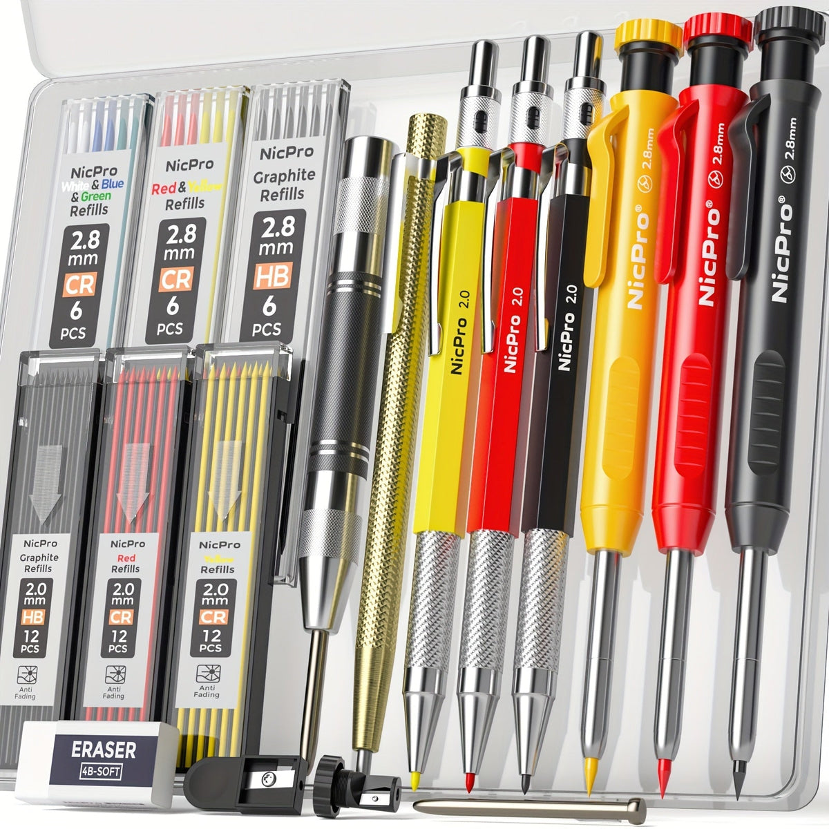 Ensemble de crayons de charpentier avec taille-crayon – Porte-mines avec recharges, pointeau automatique et pointe à tracer au carbure dans un étui robuste, kit de marquage professionnel de 15/16/17/18/27 pièces pour le travail du bois
