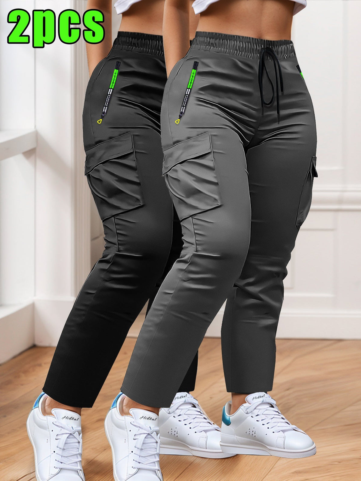 Lot de 2 pantalons cargo pour femme – Coupe ajustée, jambe droite, poches multiples – Taille à cordon, poches zippées, pantalon décontracté pour le travail en extérieur et le quotidien, XS-XXL