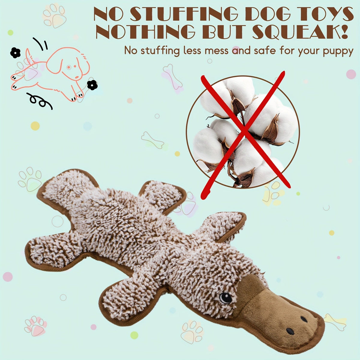 Jouet pour chien ornithorynque froissant – Jouet en peluche sans rembourrage avec pouic pour petites et moyennes races, jouet d'intérieur propre pour chiots et chiens âgés, jouet léger et sûr sans pile, marron