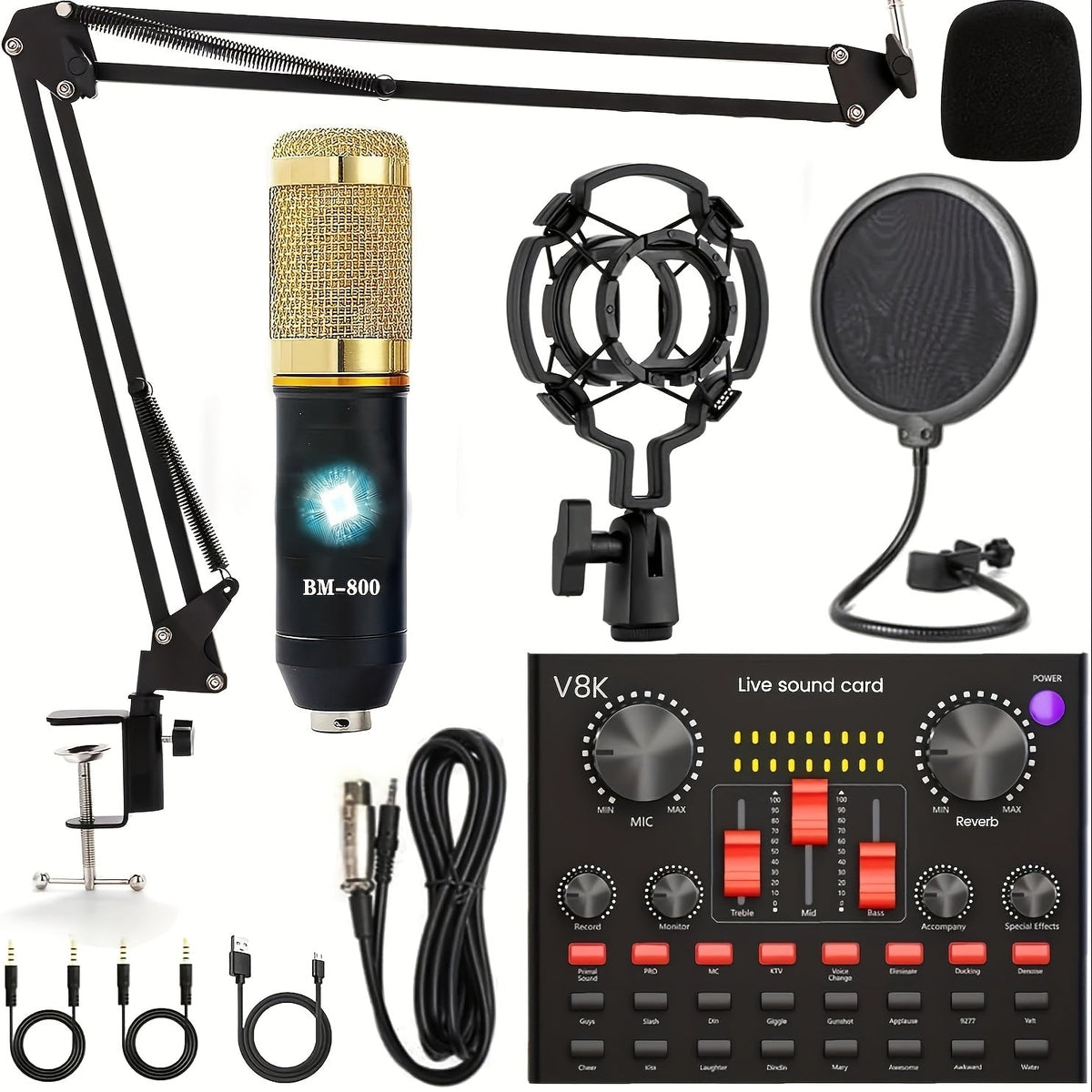 Kit d'enregistrement avec microphone à condensateur et carte son BM800 – Pack studio à domicile pour podcasting, streaming, voix off et musique, compatible avec PC, smartphone et tablette, plusieurs modèles disponibles