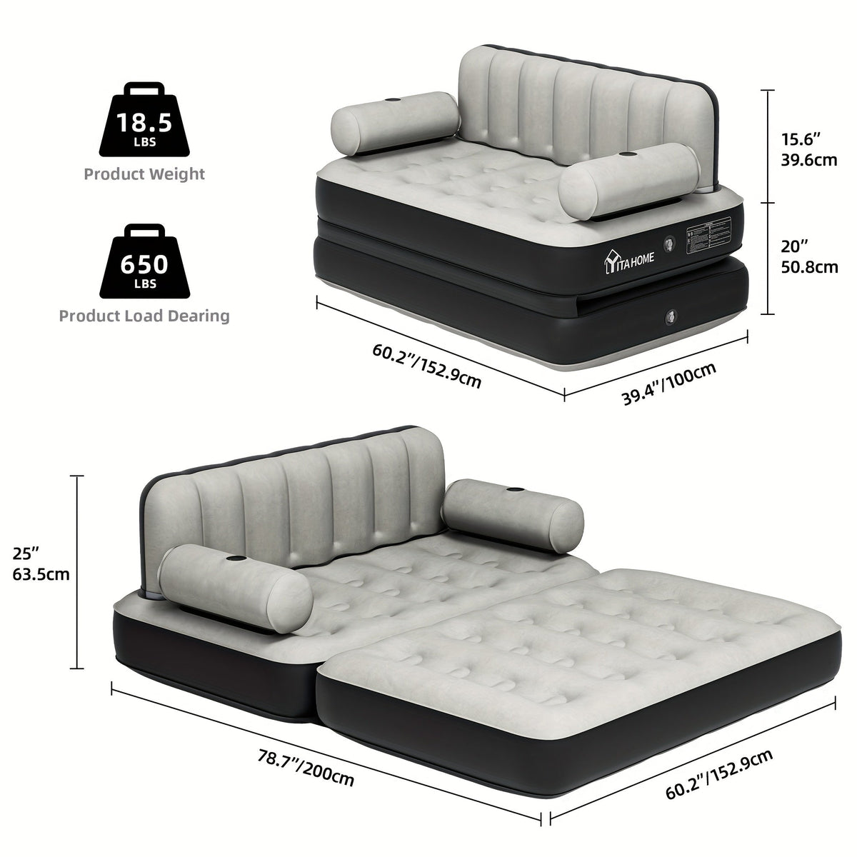 Canapé-lit gonflable 2-en-1 taille Queen – Canapé et matelas pneumatique portables avec tête de lit, porte-gobelets, pompe externe et sac de rangement, capacité de 200 kg pour la maison, le camping et les invités