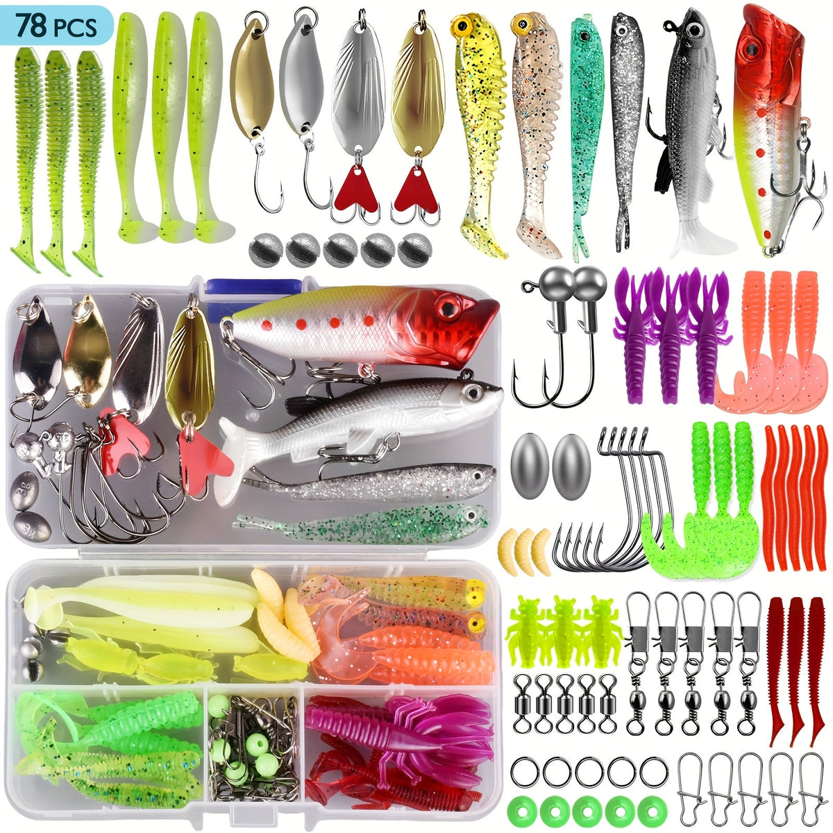 Kit de leurres de pêche, coffret de 78/106/188/361 pièces pour eau douce, comprenant cuillères, vers souples, hameçons et accessoires pour la pêche au bar, à la truite et au saumon, équipement de pêche complet pour débutants et professionnels
