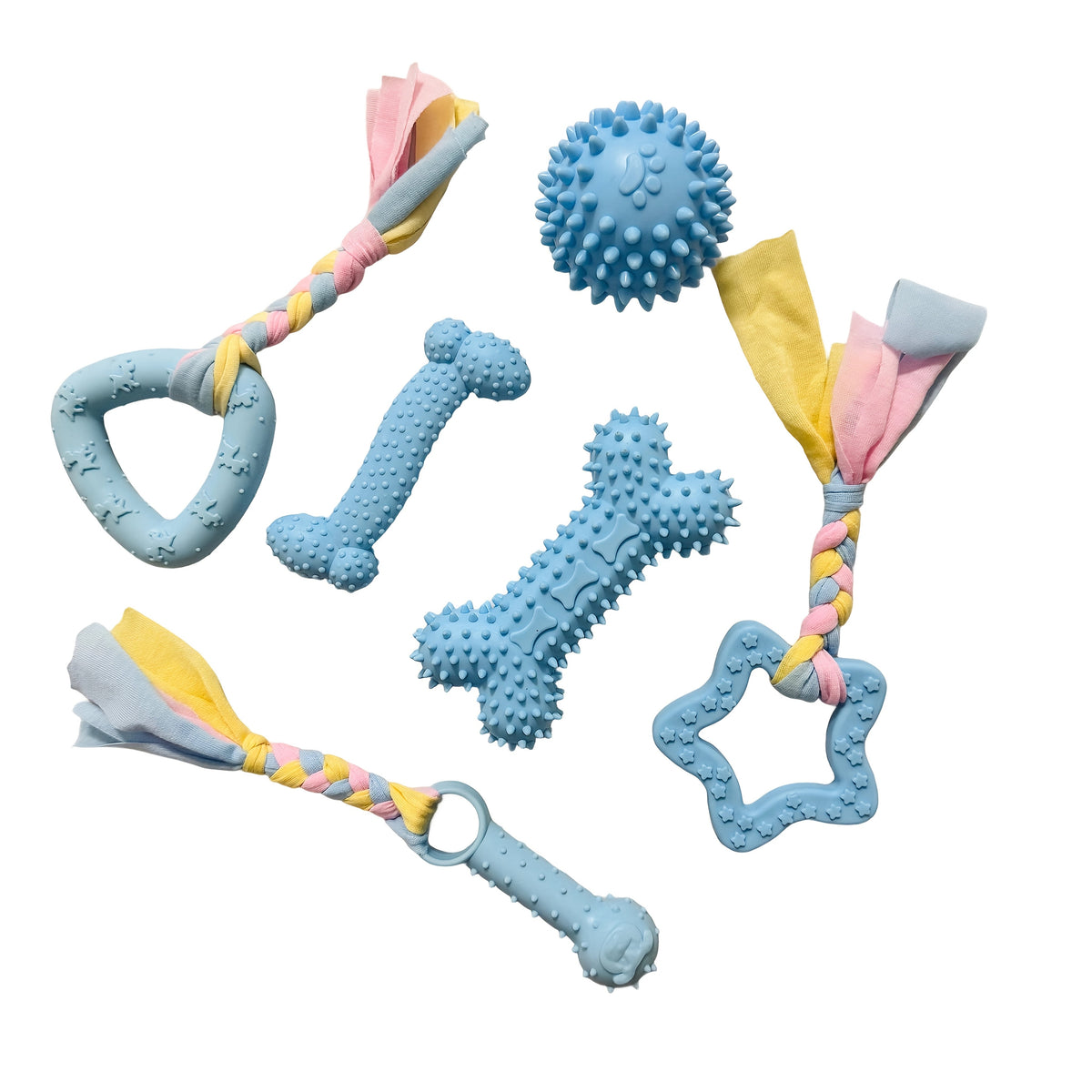Lot de 6 jouets à mâcher durables en caoutchouc pour chiens – Jouets interactifs pour la dentition, nettoyage des dents, mâcheurs agressifs, petites, moyennes et grandes races – Ensemble de jouets dentaires pour animaux de compagnie à thème coloré