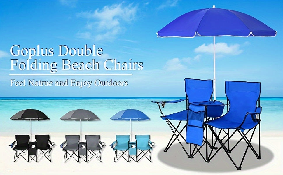 Ensemble de 2 chaises de plage pliantes avec parasol, table et sac isotherme – Chaise de pique-nique compacte et pliable pour la plage, le camping et les sorties en plein air, capacité de 122 kg par siège