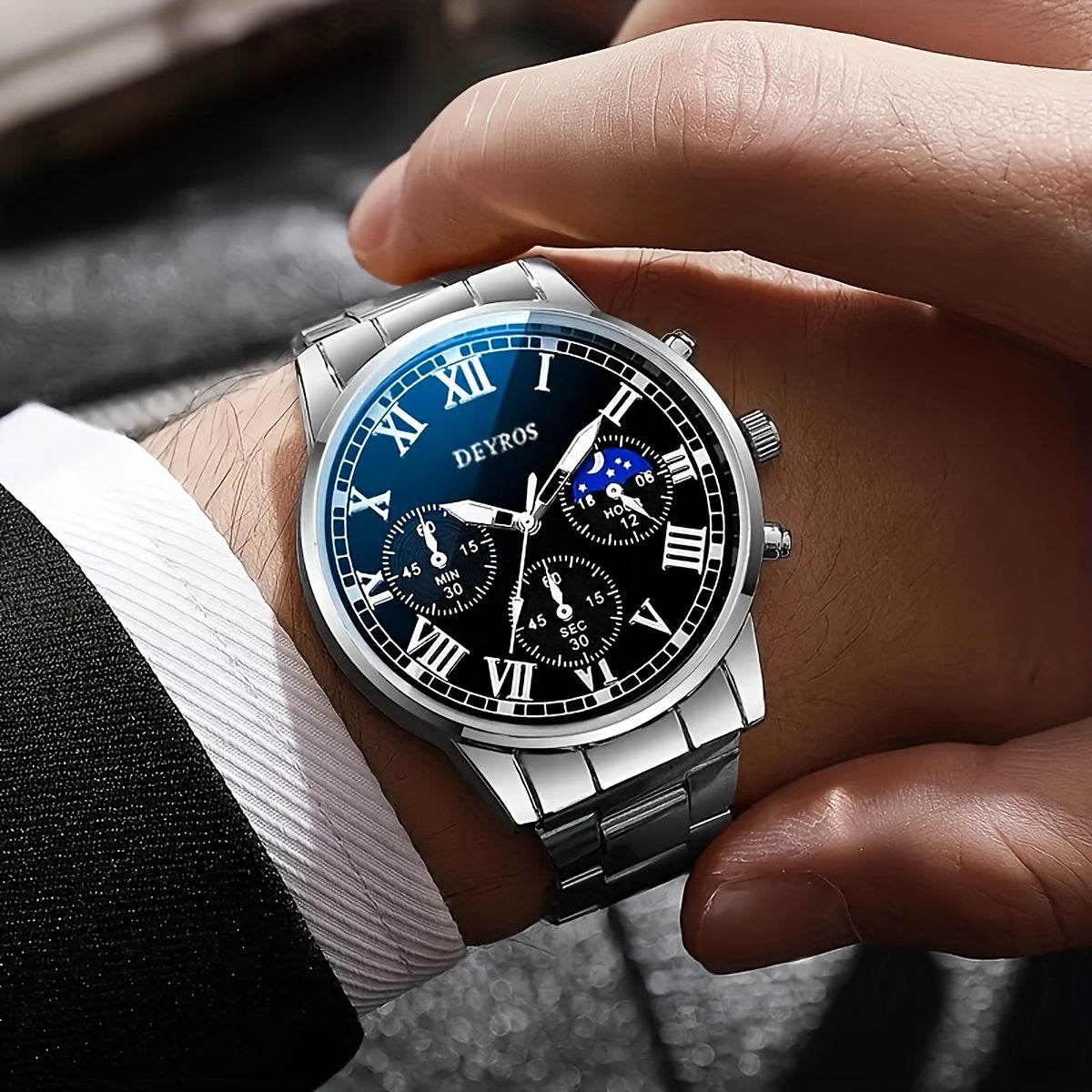 Ensemble montre chronographe à quartz pour homme en acier inoxydable avec collier et bracelet – Coffret cadeau bijoux 3 pièces avec heure universelle, style business pour événements formels professionnels