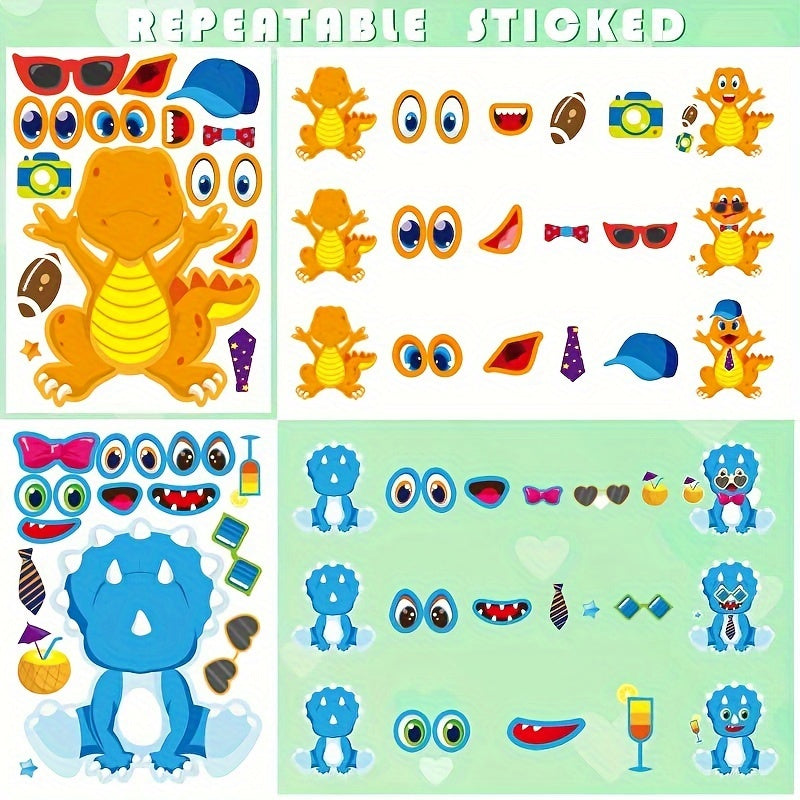 18 feuilles d'autocollants « Crée ton dinosaure » pour enfants – Feuilles d'activités créatives DIY, fournitures et cadeaux amusants pour fête d'anniversaire sur le thème des dinosaures, remplissage de pochettes-surprises pour garçons et filles