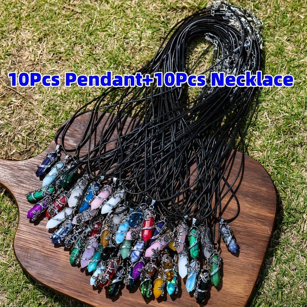 Kit de bricolage pour collier avec pendentif prisme hexagonal en pierre naturelle (20 pièces) : 10 pendentifs à motif floral et 10 cordons en similicuir, bijoux faits main style bohème, accessoires décontractés, idée cadeau