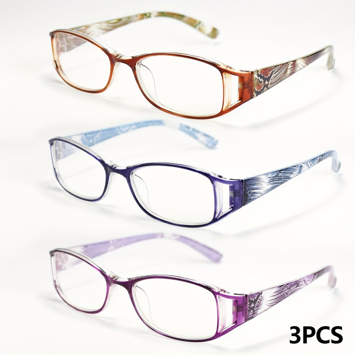 Lot de 3 paires de lunettes de lecture fleuries pour femme - Montures rectangulaires, verres haute définition, lunettes élégantes marron, bleu et violet, charnières à ressort, monture légère et confortable, idée cadeau