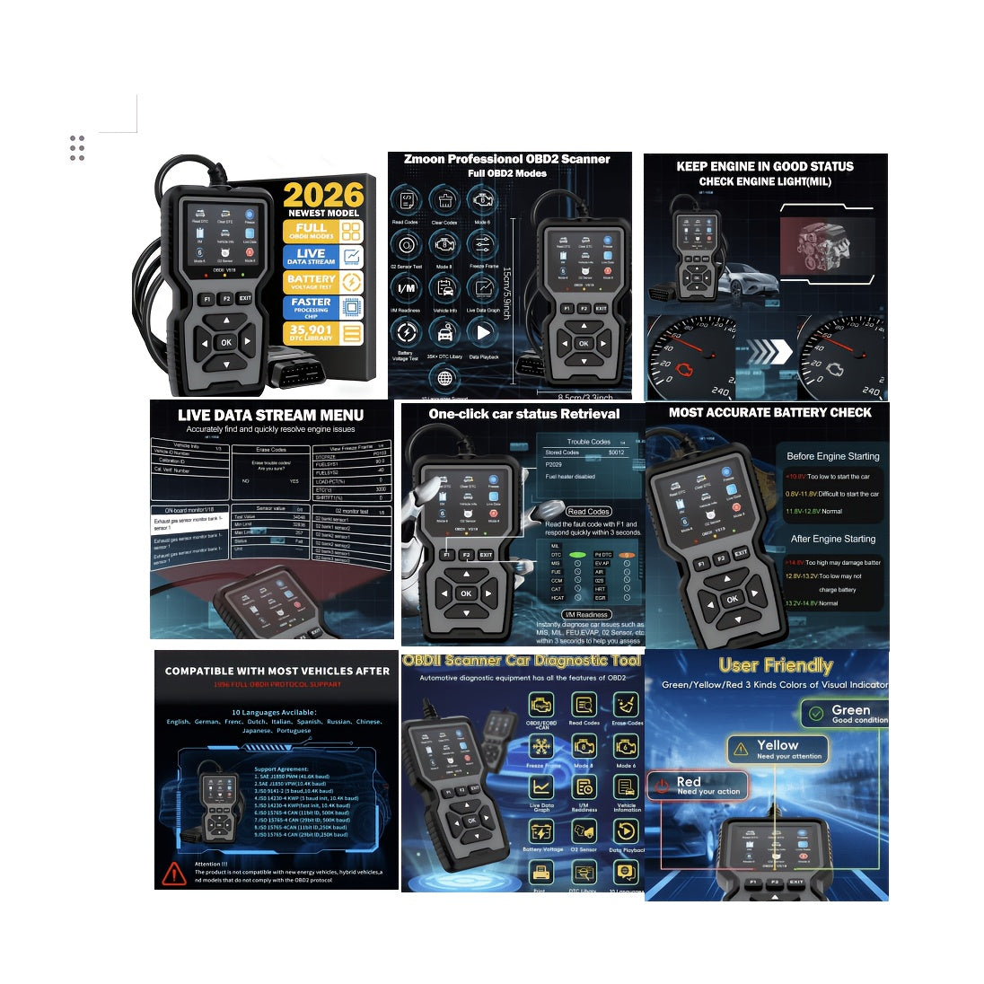 Outil de diagnostic OBD2, lecteur de codes défaut moteur universel avec fonction de réinitialisation, modes 6 & 8, test de préparation I/M – Compatible avec toutes les voitures, camions et SUV OBDII depuis 1996 – Gris