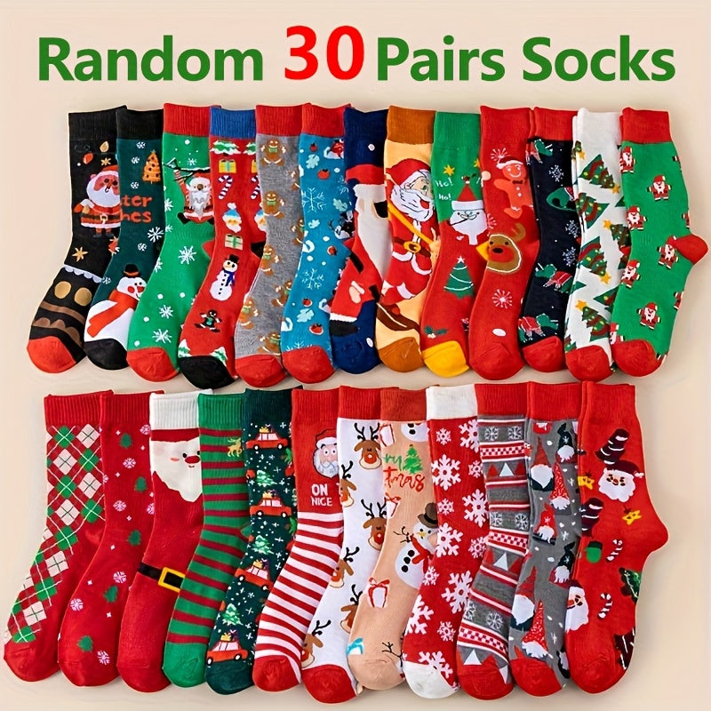 Chaussettes de Noël, 30 paires, motifs de fête amusants : rennes, Père Noël, flocons de neige, pain d'épices, sapin de Noël, chaussettes chaudes à motifs – Coffret cadeau unisexe pour hommes et femmes