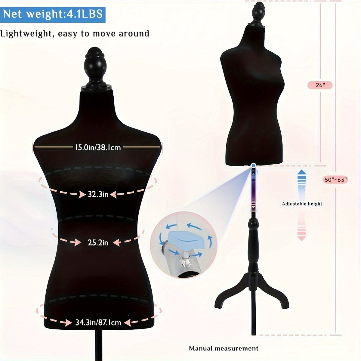 Mannequin de couture avec pied tripode, hauteur réglable de 127 à 160 cm, buste féminin portable pour couture, présentation de vêtements, stylisme et photographie – 4 couleurs disponibles