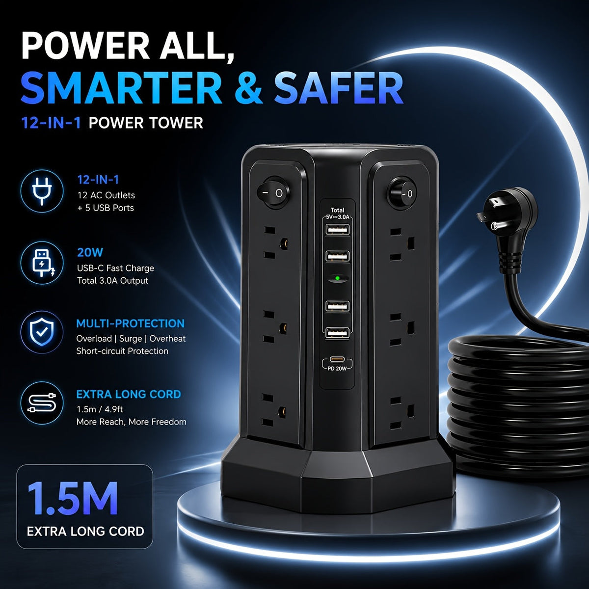Tour multiprise, 16 prises CA, 5 ports USB, USB-C PD 20W, parafoudre 1500J, prise plate, rallonge de bureau