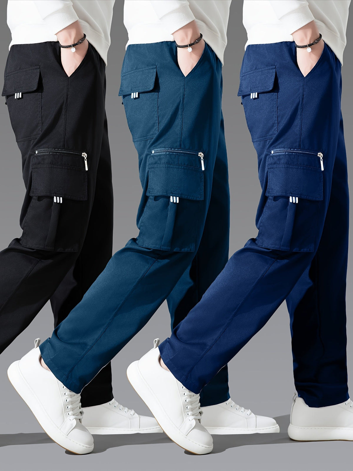 Lot de 3 pantalons cargo pour homme, coupe droite multipoches – Pantalon de randonnée en polyester tissé uni pour le printemps et l'automne, tailles S à XXXL, 9 combinaisons de couleurs