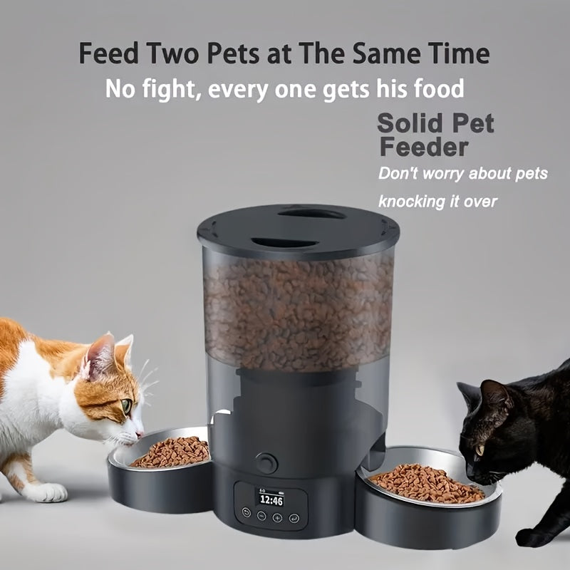 Distributeur automatique de nourriture pour chat 3L à double gamelle – Distributeur de croquettes programmable avec contrôle des portions 3L (102,5 oz) pour chats et chiens, 1 à 6 repas par jour, système anti-bourrage, fonctionne sur piles, noir