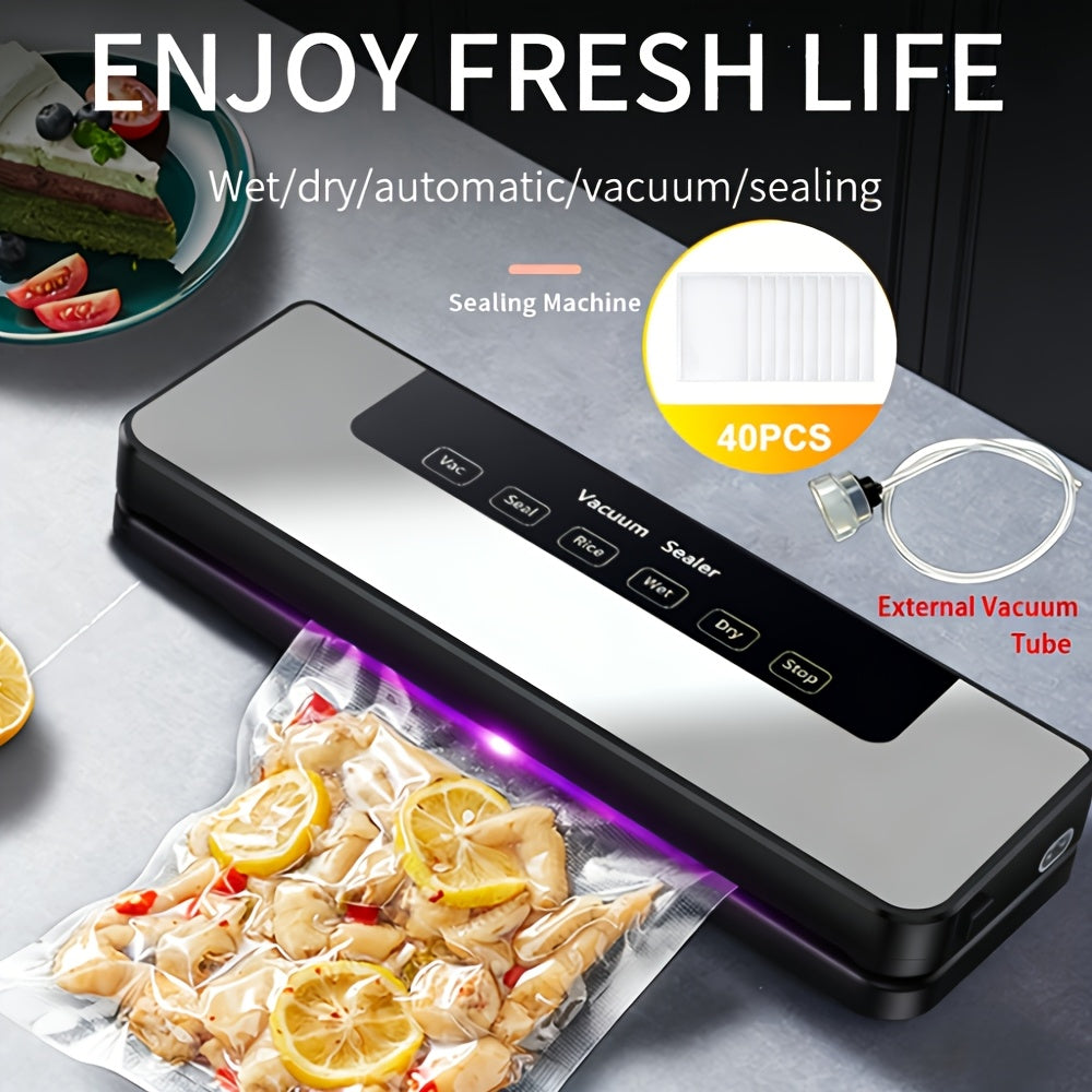 Machine de mise sous vide 65 KPA 6-en-1 avec 40 sacs gratuits – Modes humide et sec, scelleuse sous vide automatique pour la conservation des aliments, appareil professionnel et domestique avec tuyau externe