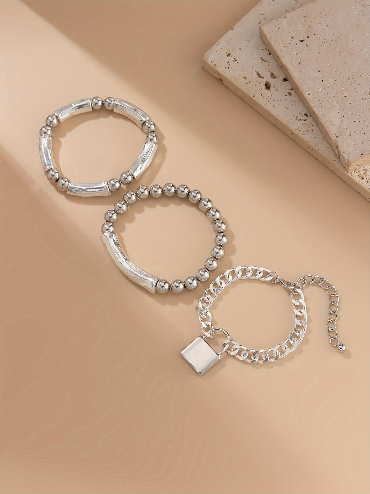 Lot de 3 bracelets punk en argent sterling 925 à perles avec pendentif cadenas – Bijou de poignet audacieux et empilable en argent pour femmes, hommes et ados, cadeau idéal pour les fêtes, festivals et au quotidien
