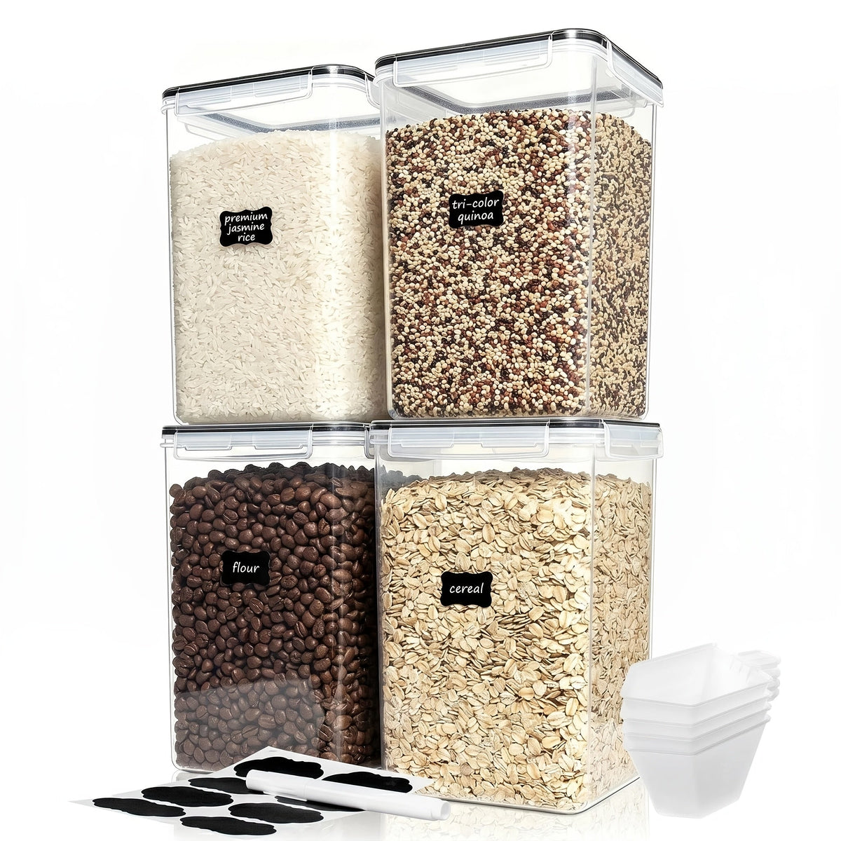 Lot de 4 grands récipients alimentaires hermétiques avec couvercles – Boîtes en plastique sans BPA de 5,2 L pour farine, sucre, riz et ingrédients de pâtisserie – Inclut des tasses à mesurer et 24 étiquettes, noir