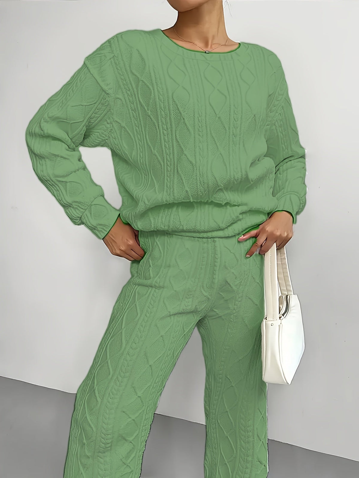 Ensemble survêtement 2 pièces pour femme – Haut à manches longues et col rond en jacquard texturé et pantalon de jogging, tenue de détente décontractée et respirante pour le printemps et l'été S-XXL