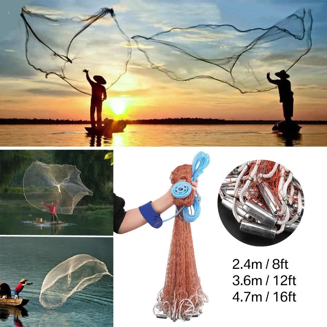 Épervier de pêche avec lests en zinc et filet en nylon résistant – Filet à lancer grand diamètre pour eau douce et eau salée, options 2,4 m, 3,6 m, 4,8 m pour la pêche au bar, aux appâts et au piège