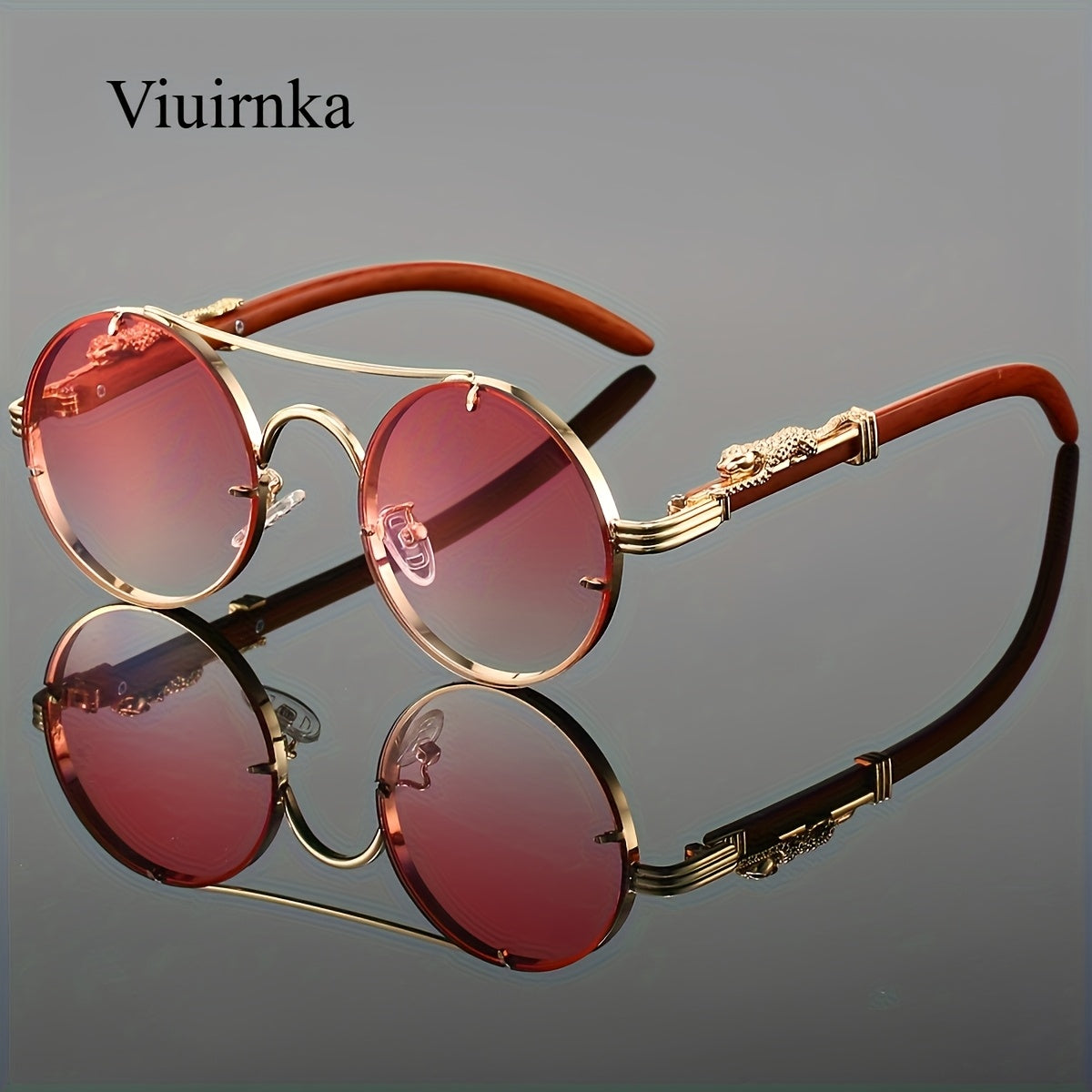 Lunettes de soleil rondes à monture en métal avec verres dégradés pour hommes et femmes – Luxe, double pont, détails léopard sur les charnières, verres en polycarbonate dégradés, étui inclus, style chic pour les vacances et la ville