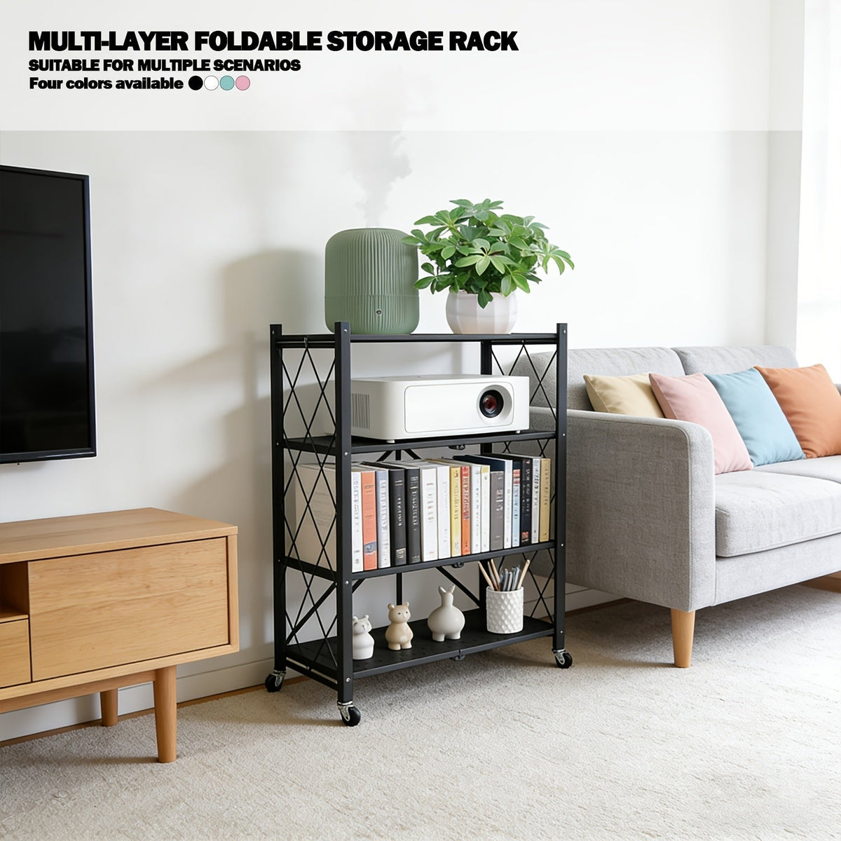 Heavy Duty Folding Storage Rack with Wheels β 3/4/5-Tier Portable Floor-Standing Shelf, No Assembly Required, for Home, Office, Bedroom & Dorm, 4 Colors Available