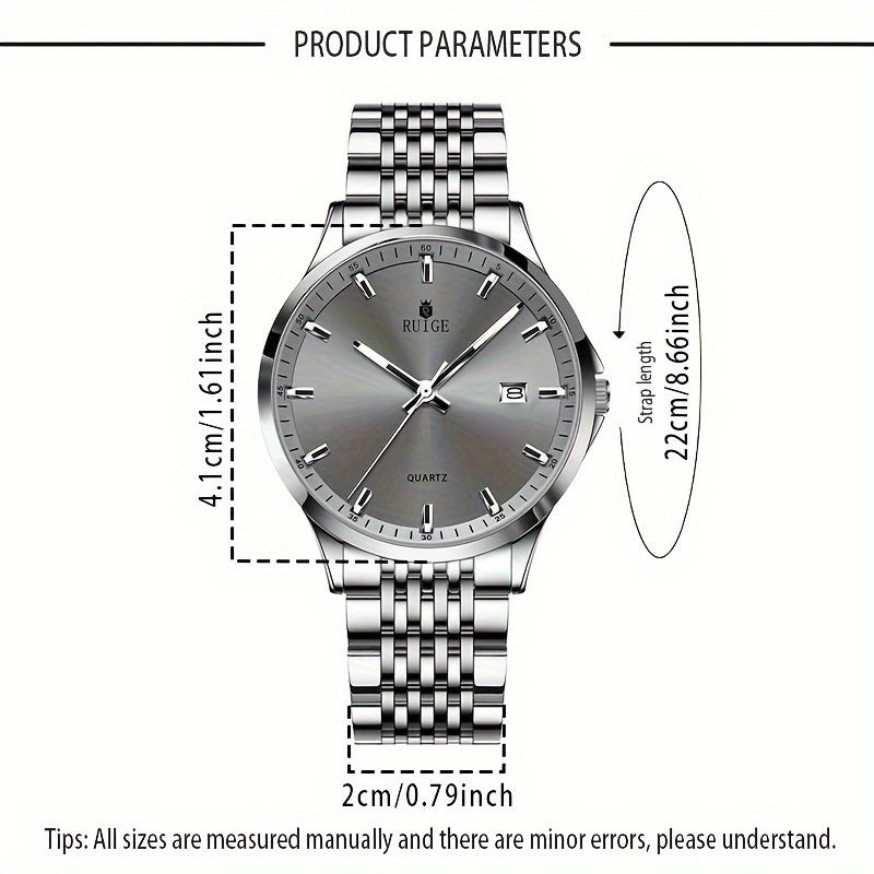 Montre à quartz de luxe pour homme RUIGE en acier inoxydable avec calendrier, fonction nocturne et strass - Montre sport, habillée et décontractée pour homme, cadeau pour lui