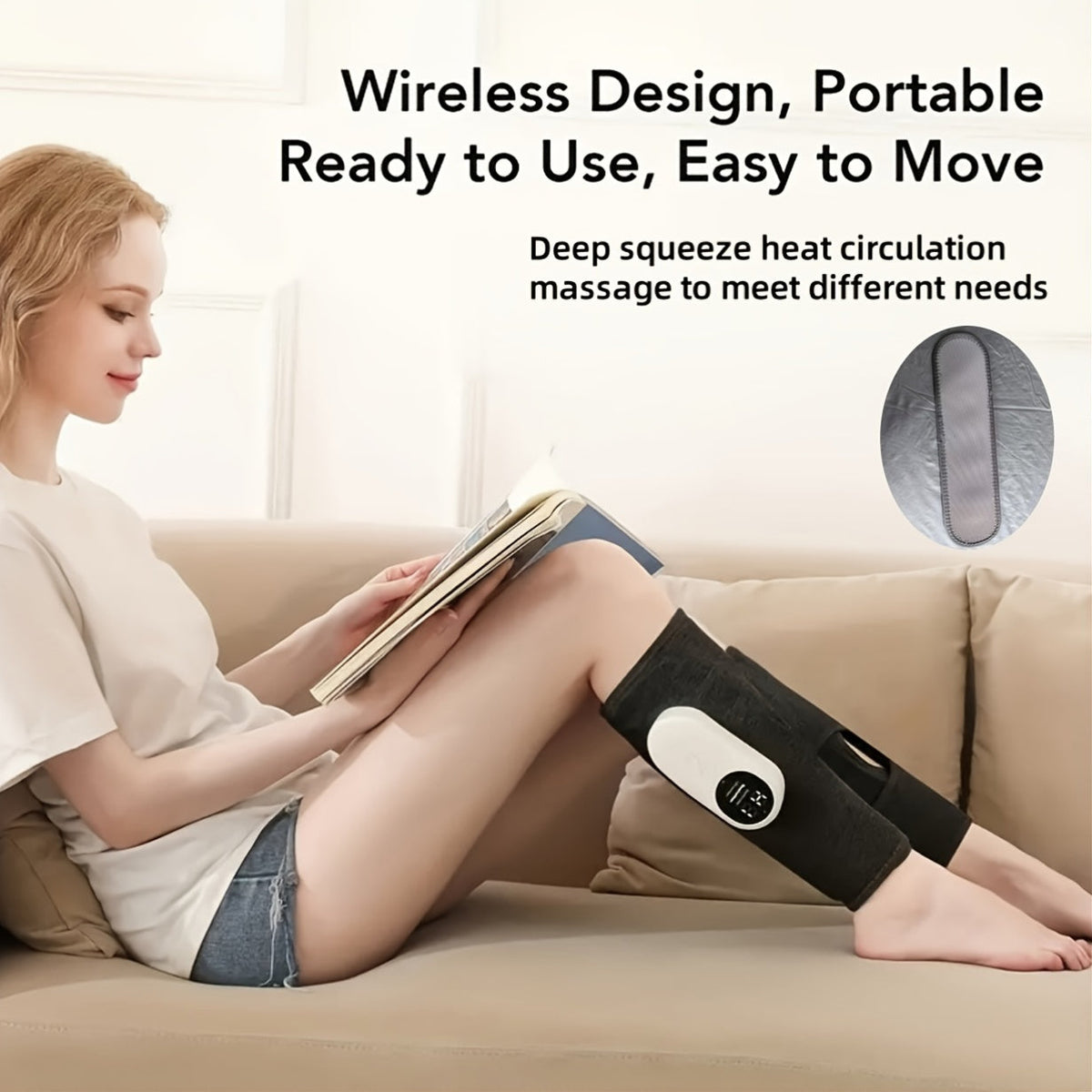 Masseur de jambes à compression d'air sans fil, 3 intensités, soulagement pour mollets, cuisses, pieds et genoux, appareil rechargeable et portable pour la maison, le bureau et les voyages, gris noir