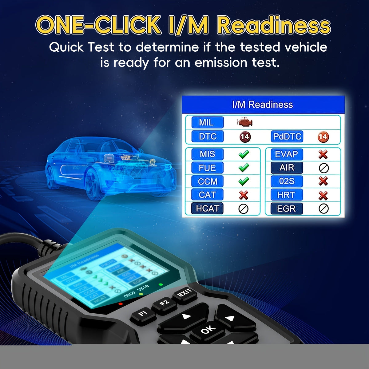 Outil de diagnostic OBD2, lecteur de codes défaut moteur universel avec fonction de réinitialisation, modes 6 & 8, test de préparation I/M – Compatible avec toutes les voitures, camions et SUV OBDII depuis 1996 – Gris