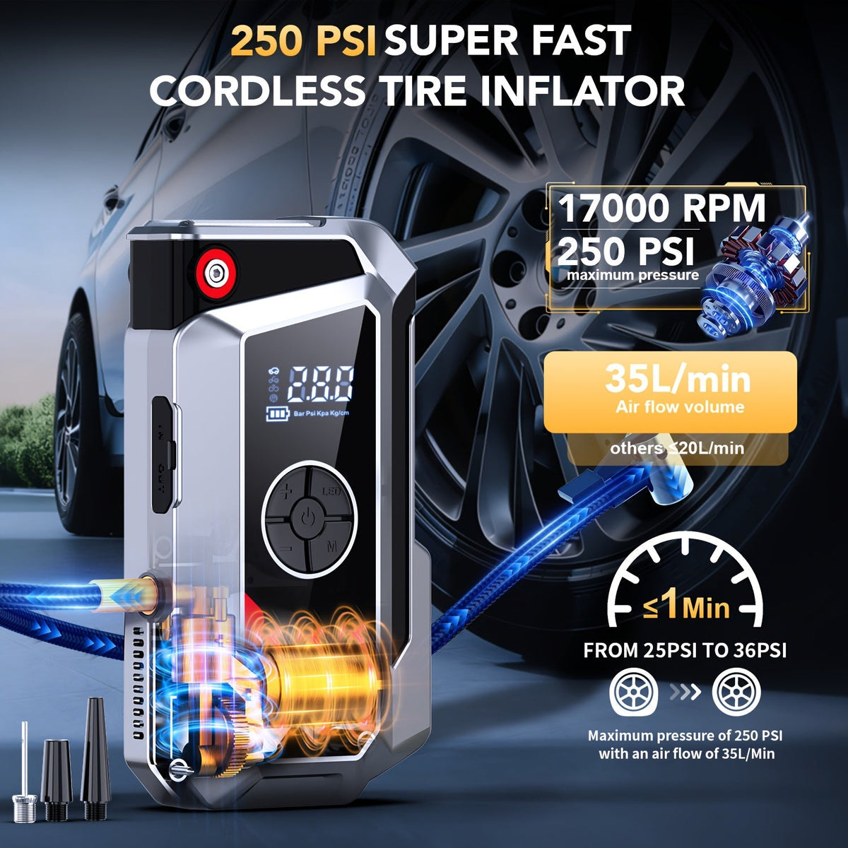 Démarreur de voiture 20000A avec compresseur d'air, batterie externe portable 18-en-1 – Pinces intelligentes, charge rapide, lampe LED, grand écran pour tous moteurs essence et diesel, booster de batterie de voiture d'urgence