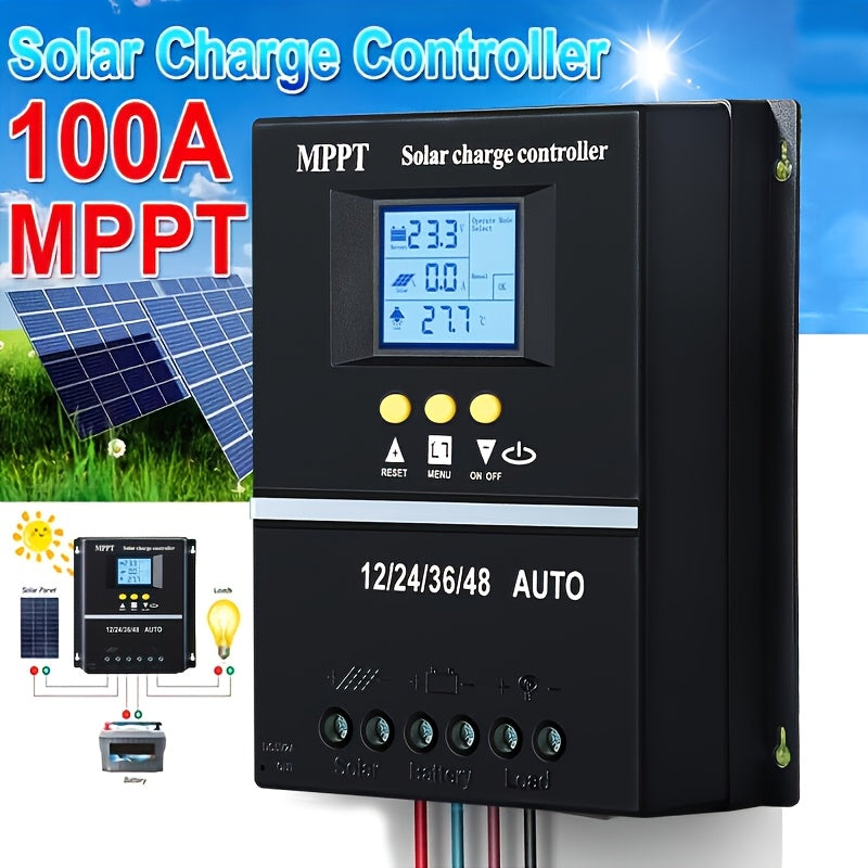 Contrôleur de charge solaire MPPT 100 A avec écran LCD et suivi automatique – Compatible avec les batteries au plomb, au lithium et LiFePO4, pour systèmes solaires hors réseau, camping-cars, bateaux et maisons