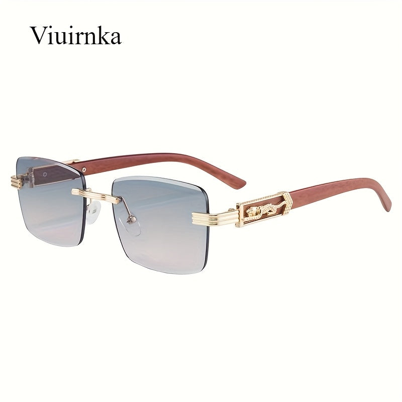 Lunettes de soleil rectangulaires vintage sans monture pour hommes et femmes – Lunettes tendance avec branches léopard et protection UV, 7 couleurs de verres, lunettes unisexes stylées pour l'extérieur, la conduite, les voyages, les fêtes et le quotidien