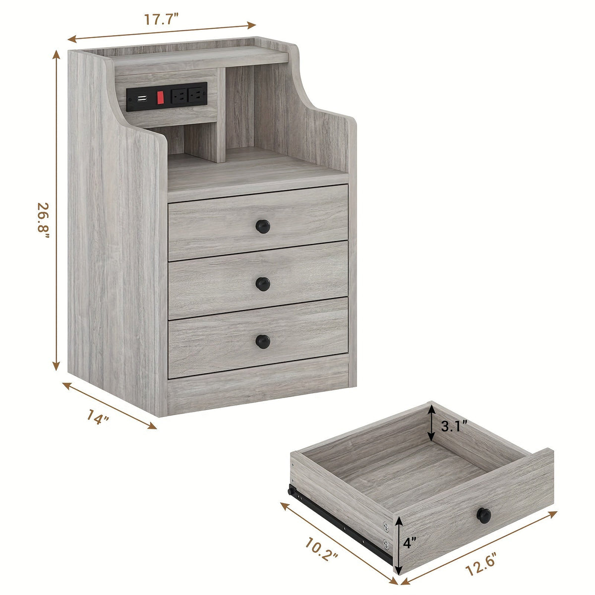 Table de chevet avec station de charge – 2 ports USB et 2 prises, étagère et 3 tiroirs, bout de canapé pour chambre, salon et bureau, gris ou blanc