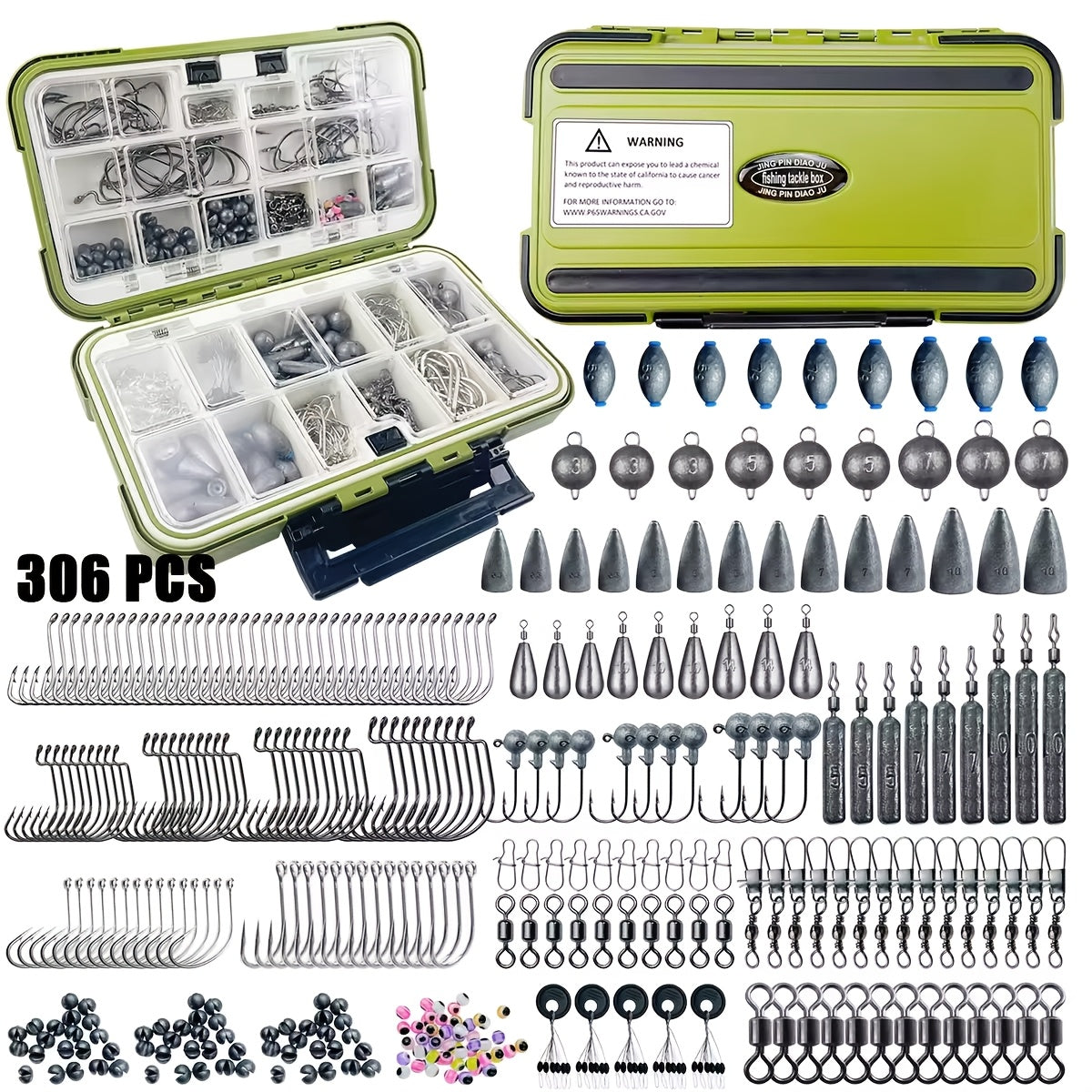Kit de leurres de pêche 306 pcs et 84 pcs – Boîte de pêche complète avec hameçons, plombs, flotteurs, turluttes, perles, émerillons et agrafes | Ensemble d'accessoires de pêche en eau douce pour bar, truite et carpe